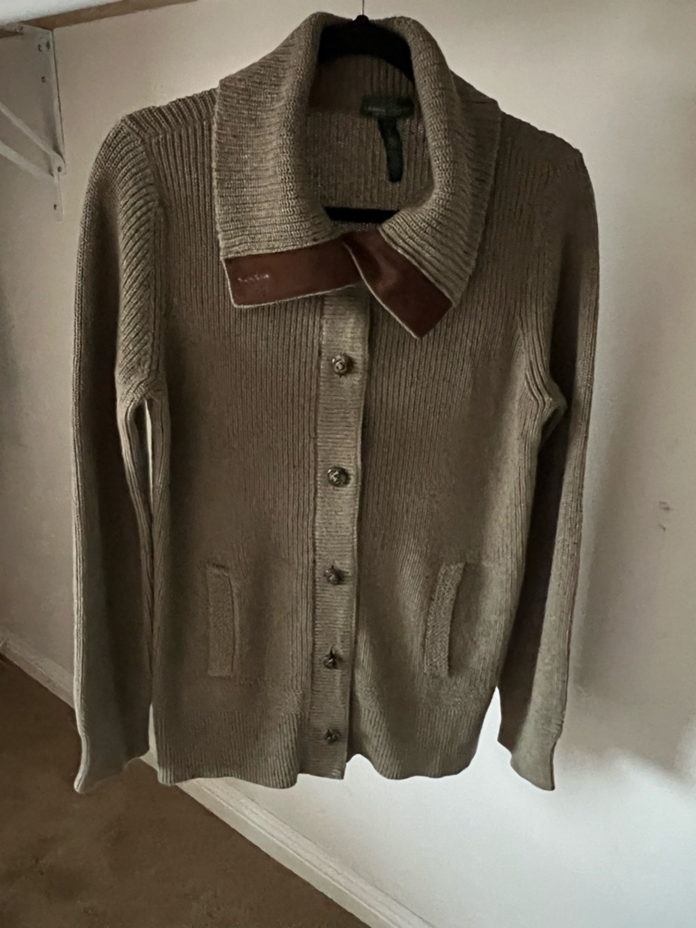 Ralph Lauren Women kaki green-Front button Shawl Collar Sweater with suede Trim